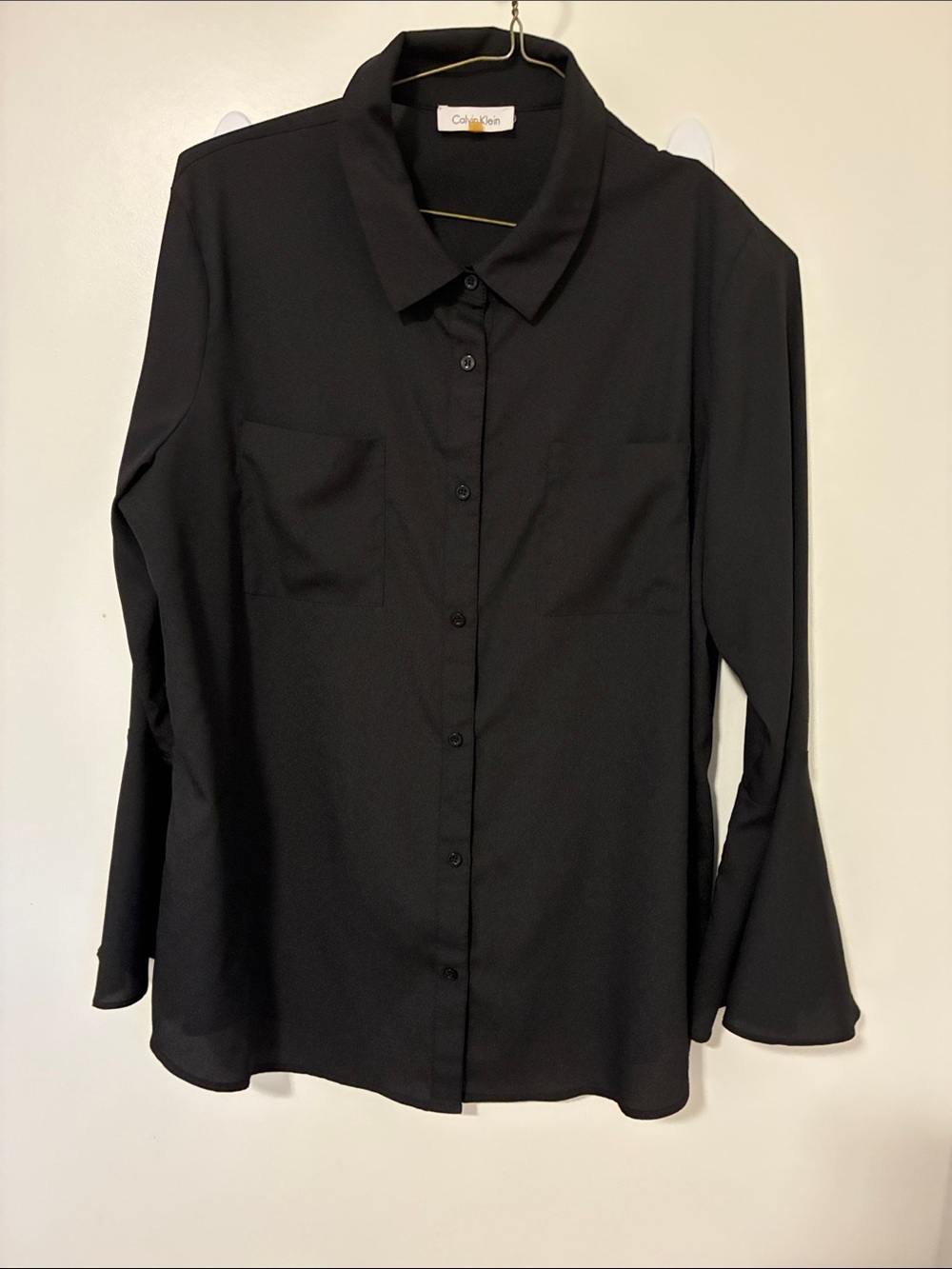 Calvin Klein Women's Bell Sleeve Blouse Black XL pockets M7VA9697 office/evening